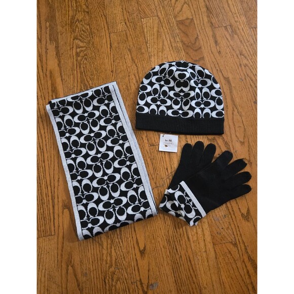 Coach Monogram Winter Set - Hat, Scarf, Gloves Black & Silver w/ Glitter - Picture 1 of 5